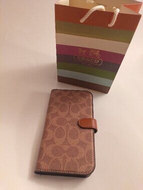 Coach Tan Brown Monogram iPhone 15 Pro Max Case W/Magnetic Closure & Card Slot